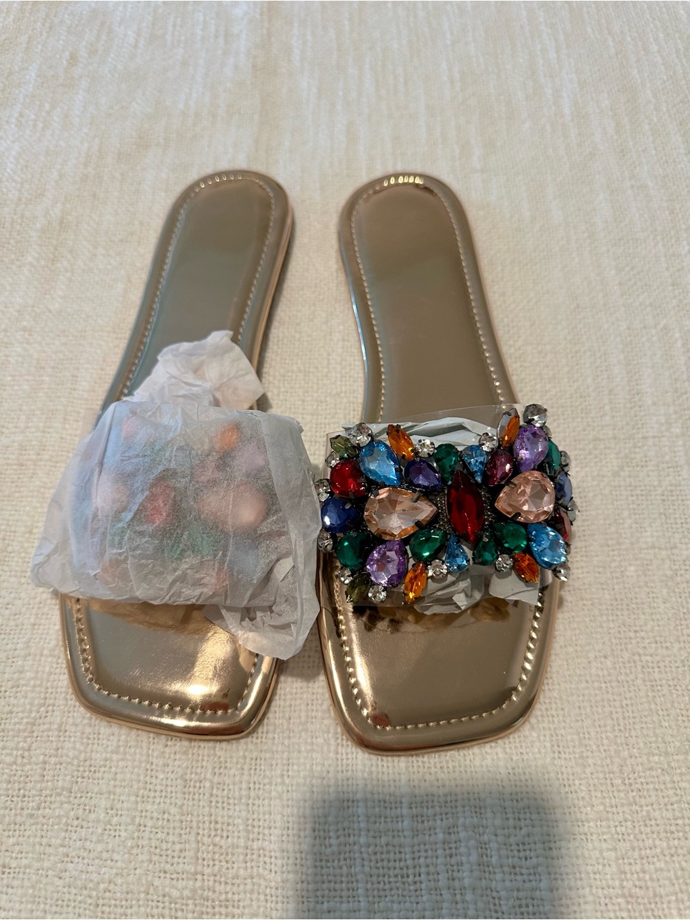 Gold Jeweled Slide Sandals - Multicolor Gem Embellishment